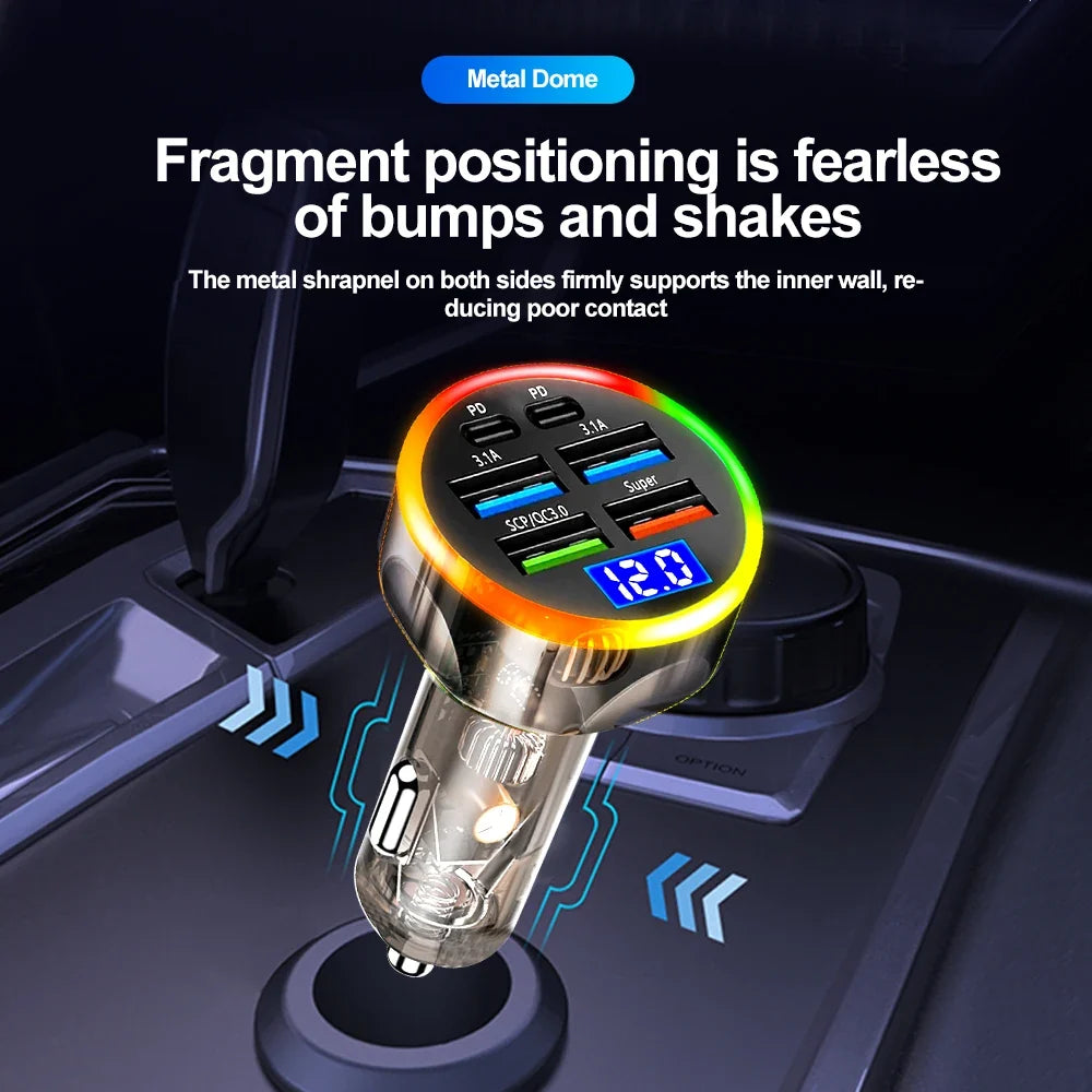 200W 6-Port Car Charger PD QC3.0 Fast Charging Digital Display