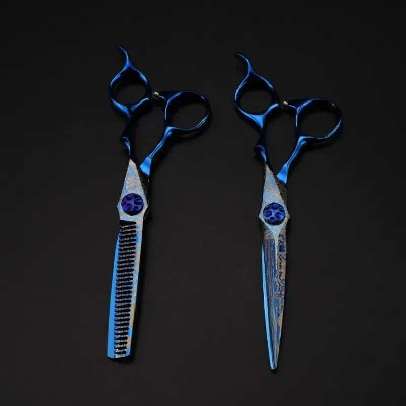 6" Blue Damascus Hair Cutting & Thinning Scissors | Pro Shears
