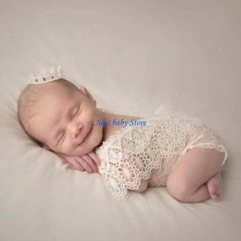 Newborn Photography Props – Crown Headband & Lace Romper 0-1M