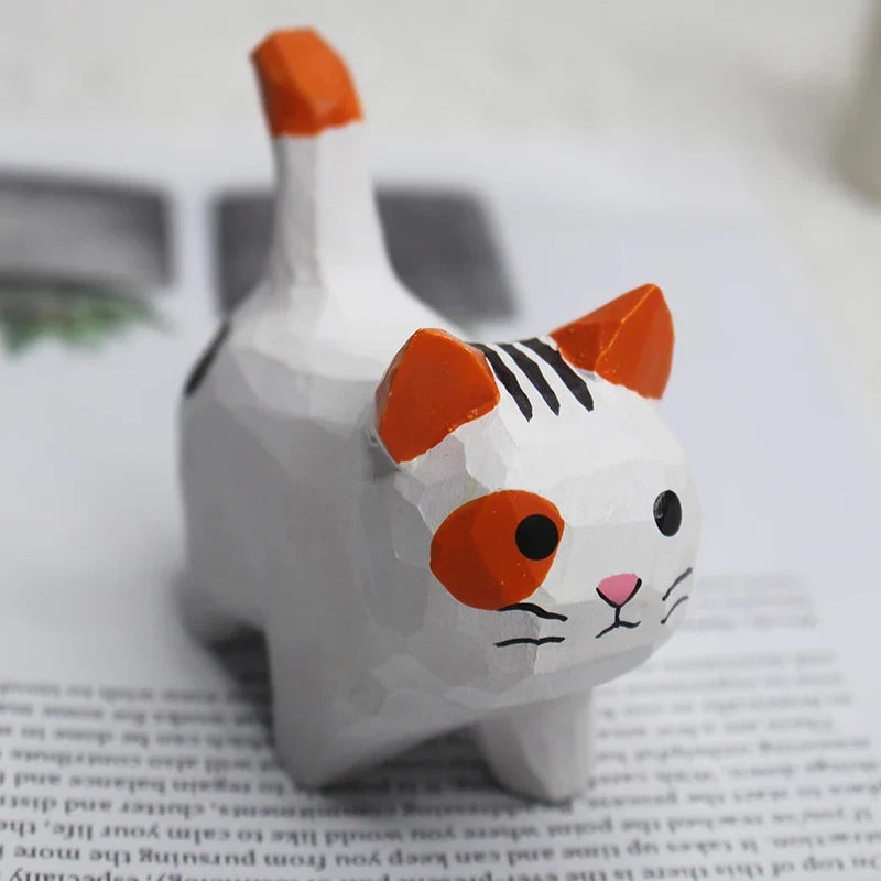 Handmade Basswood Carved Cat Ornament – Kitten Desk Decor