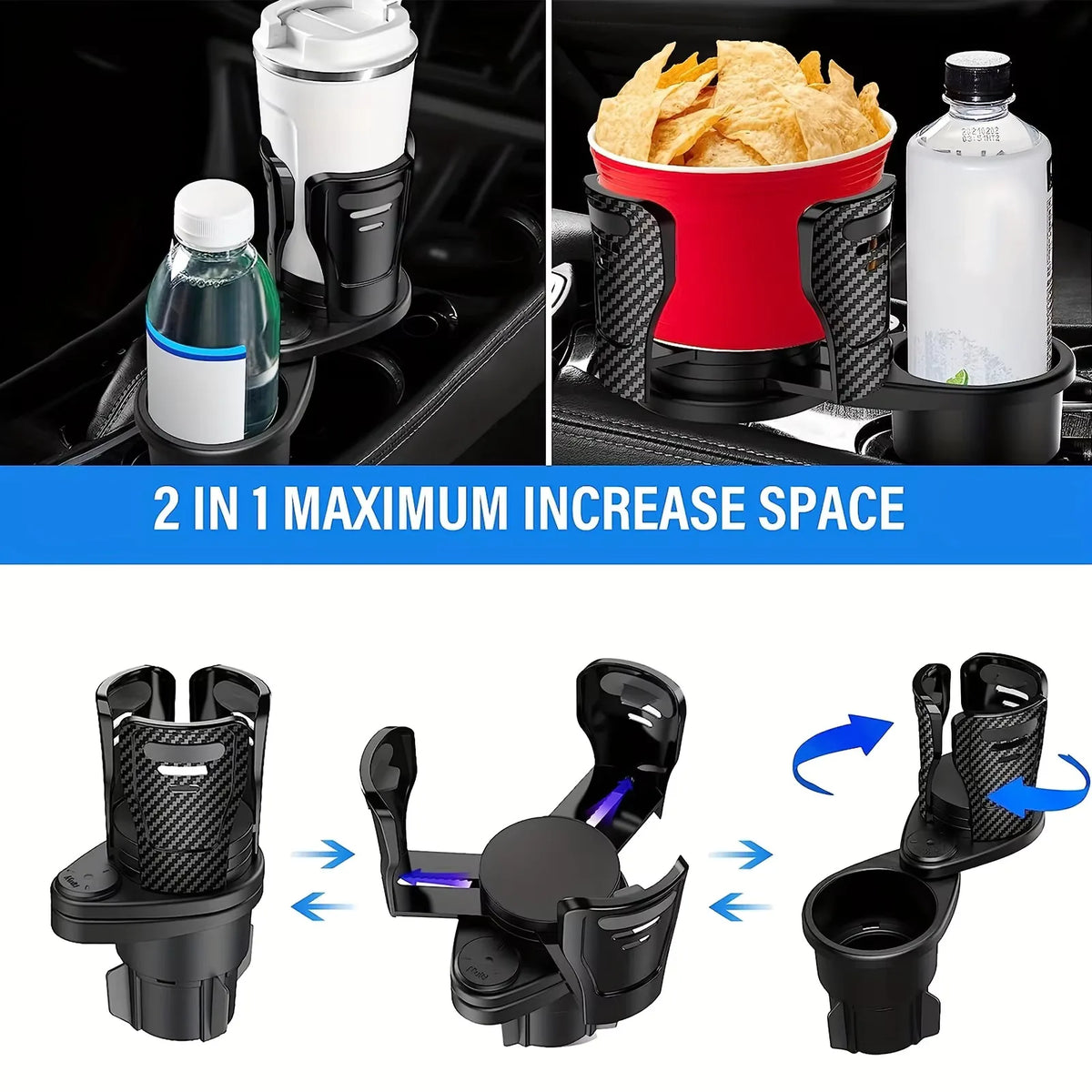 Dual Layer Car Cup Holder | 360° Rotating Beverage & Phone Organizer