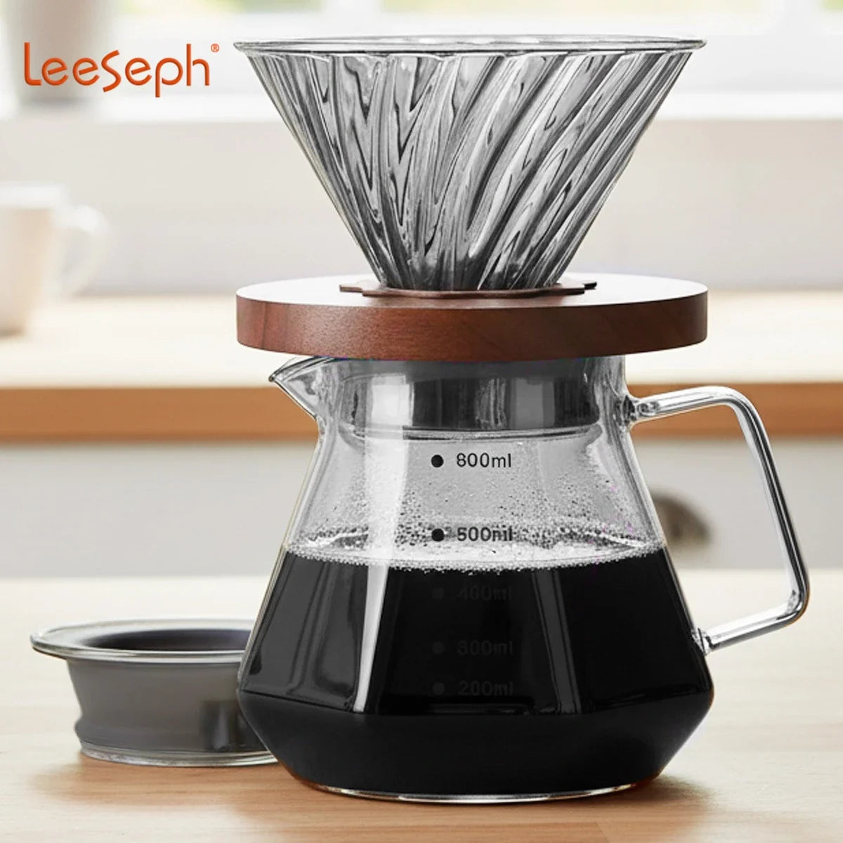 Leeseph Pour Over Coffee Maker – Walnut Handle & Glass Lid 13.5/20oz