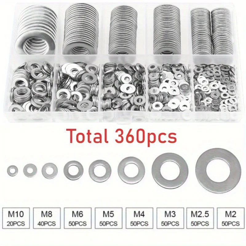 304 Stainless Steel Flat Washers Set – 180 or 360 Pcs