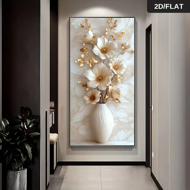 Modern Floral Canvas Wall Art – Beige & Gold Vase Flowers Print