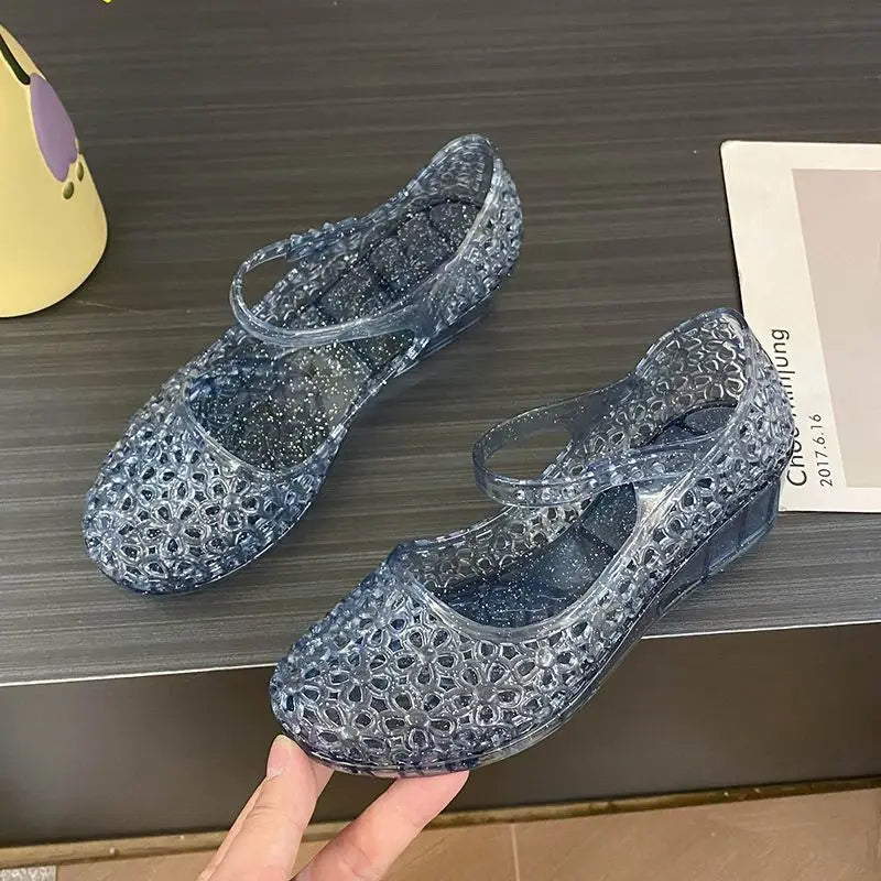 Glitter Jelly Mary Jane Wedge Sandals – Sparkly Ankle Strap