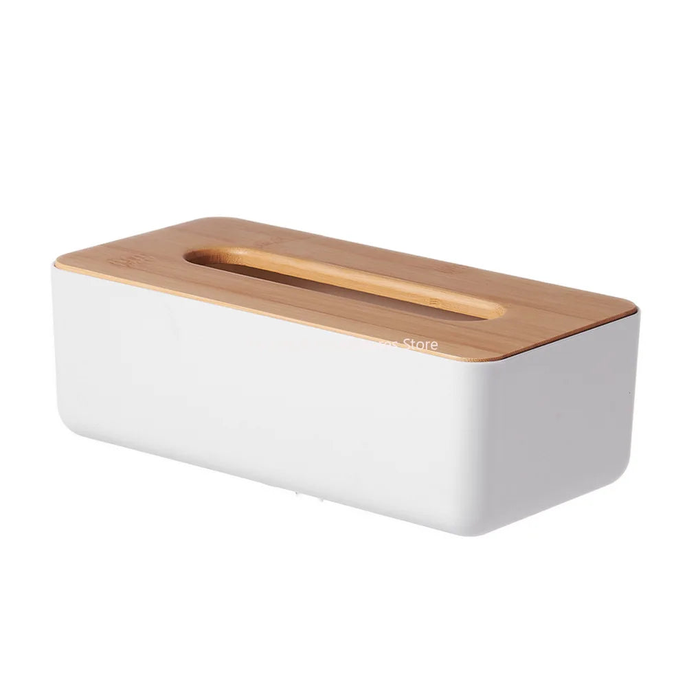 Bamboo Lid Plastic Tissue Box Organizer Rectangular Paper Towel