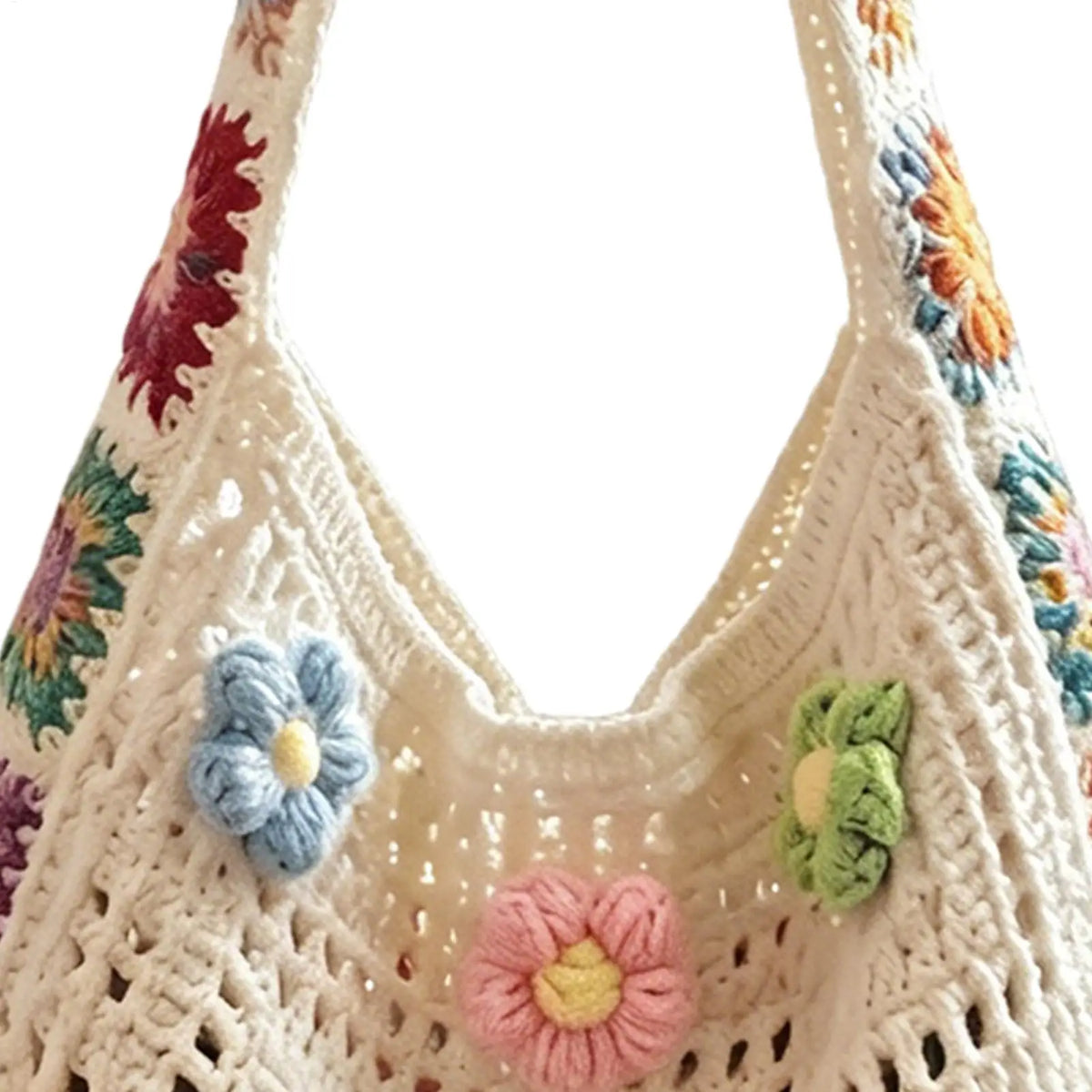 Boho Crochet Flower Tote Bag – Woven Beach Shoulder Handbag
