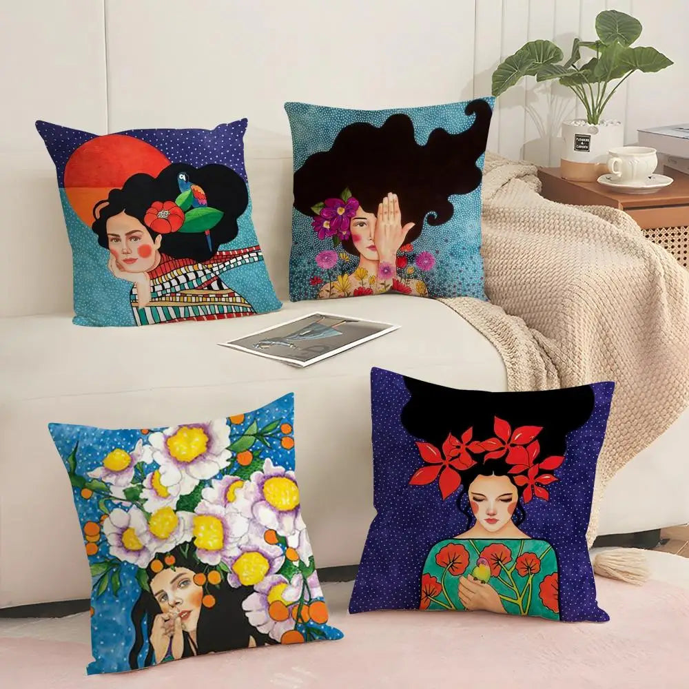 Abstract Girl Hair Flower Linen Cushion Cover | Home Decor