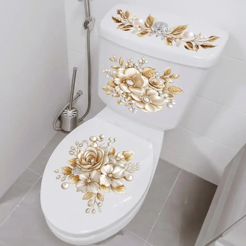 Gold Pearl Floral Toilet Sticker – Waterproof Bathroom Decal