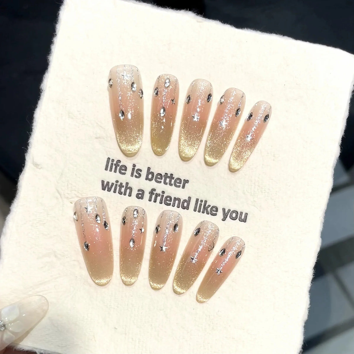 Handmade Press-On Nails | Almond Cat's Eye French Tip 3D Art