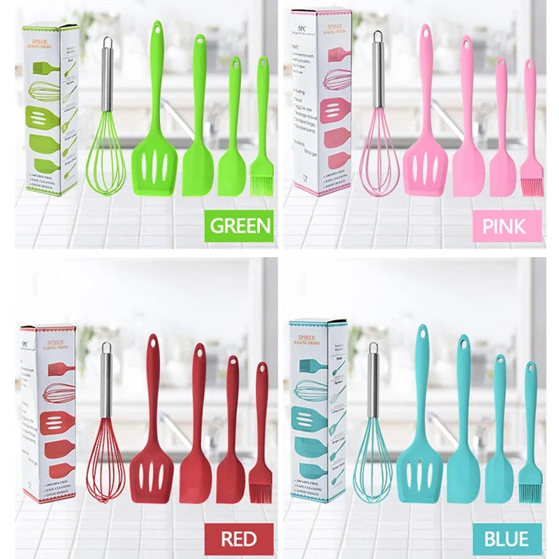 Silicone Cooking Utensils Set – Non-Stick Wooden Handle 5-Piece