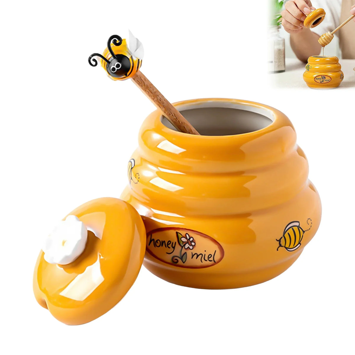Ceramic Honey Jar with Lid & Wooden Stirring Stick