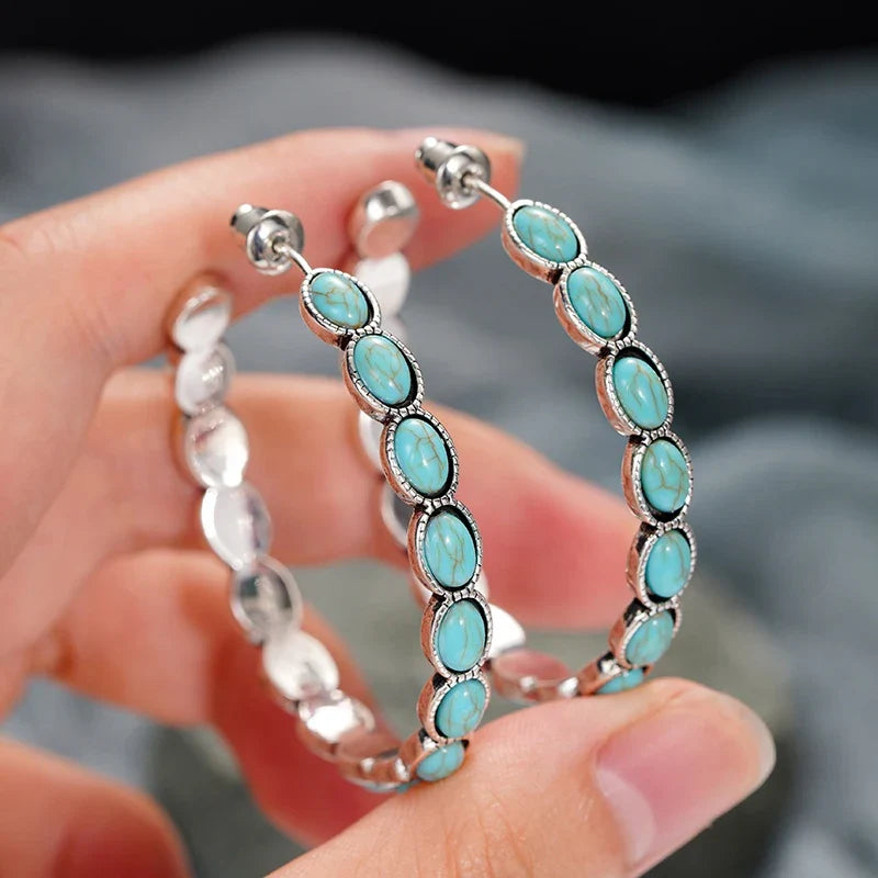 Huitan Large Hoop Earrings – Imitation Turquoise Vintage Style