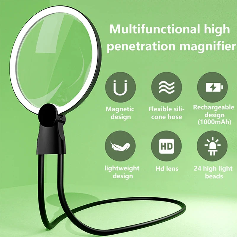 Magnifying Glass Light Reading 5X Hands Magnifier Neck Wear Seniors