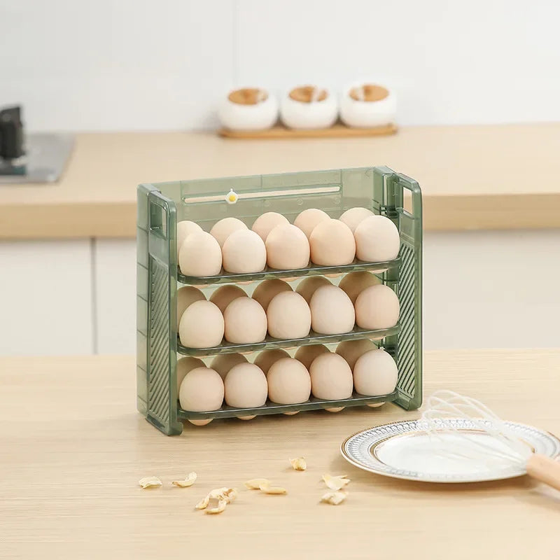 Foldable 30-Grid Egg Storage Rack | 3-Layer Fridge Organizer