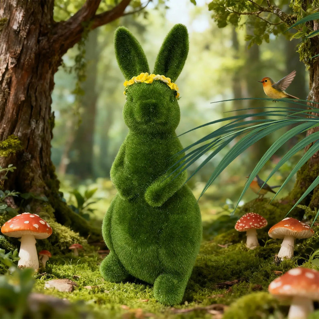 Flocked Easter Bunny Resin Moss Figurine | Spring Decor