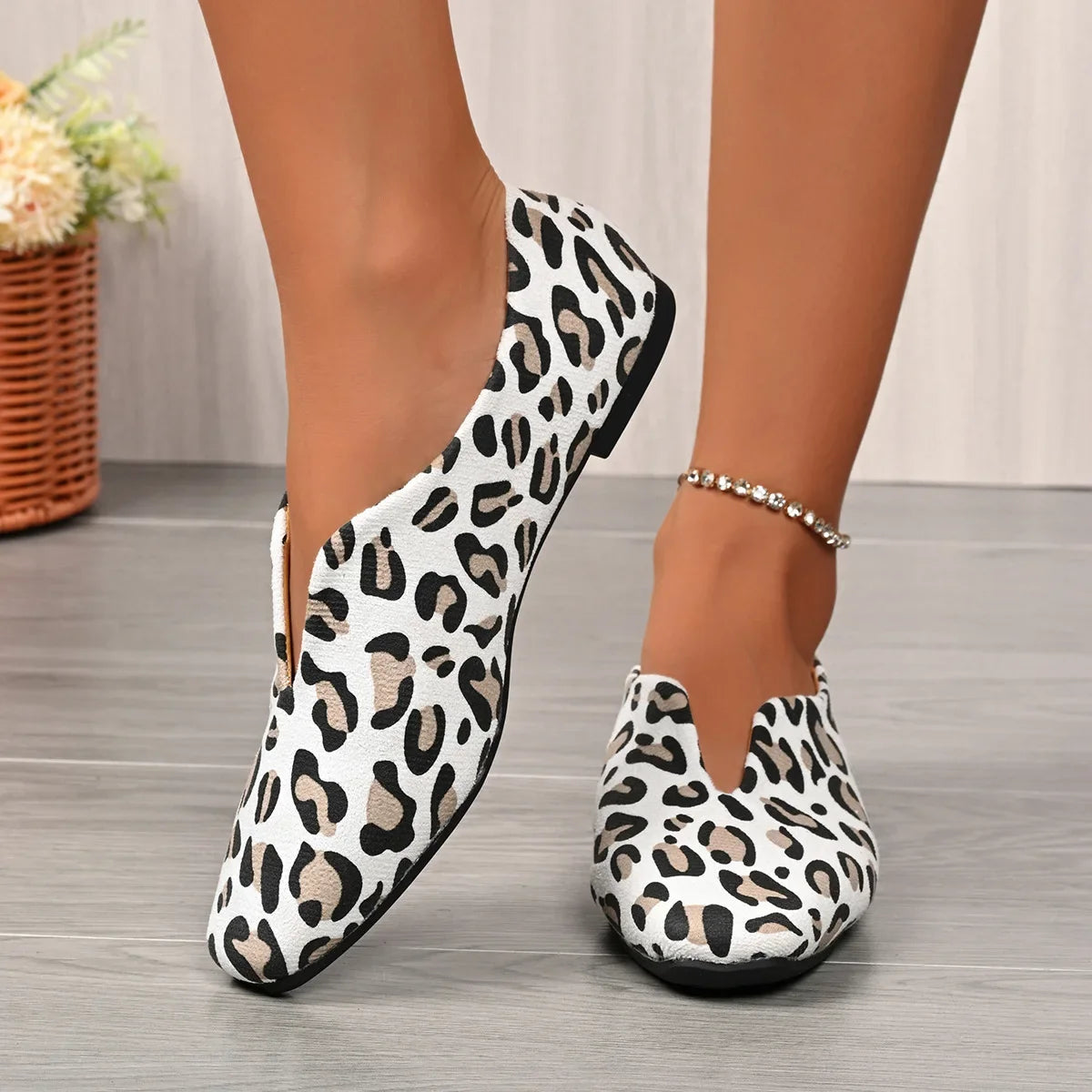 Women's Leopard Print Faux Suede Slip-On Flats | Square Toe