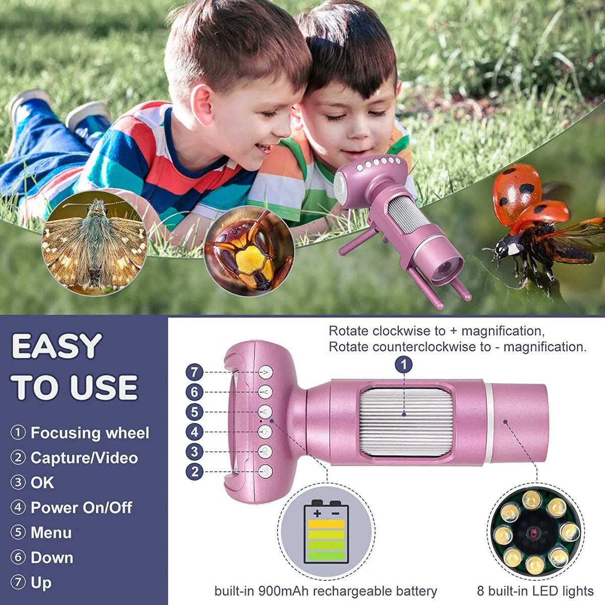 Kids 3-in-1 Digital Microscope Camera – 2-Inch Screen STEM Toy