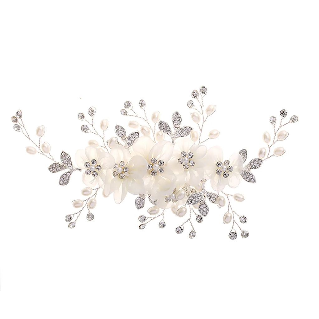 White Flower Hair Clip with Rhinestones & Pearls | Floral Hairpin