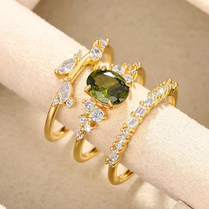 Huitan 3-Piece Olive Green CZ Gold Bridal Ring Set for Women