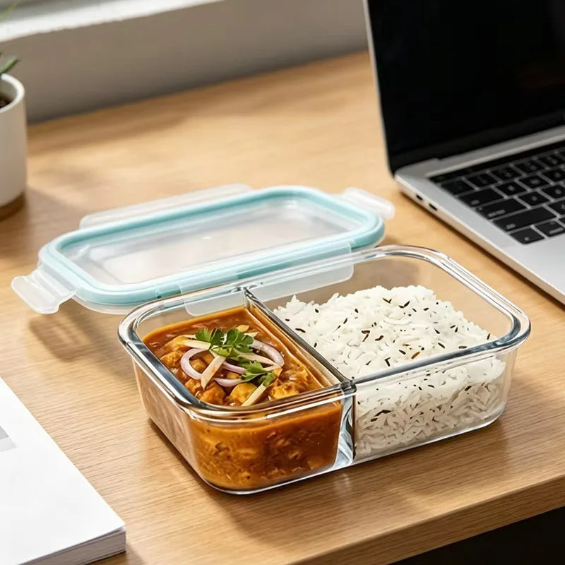 Glass Lunch Box 2/3 Compartment Airtight Lid | Fridge & Oven Safe