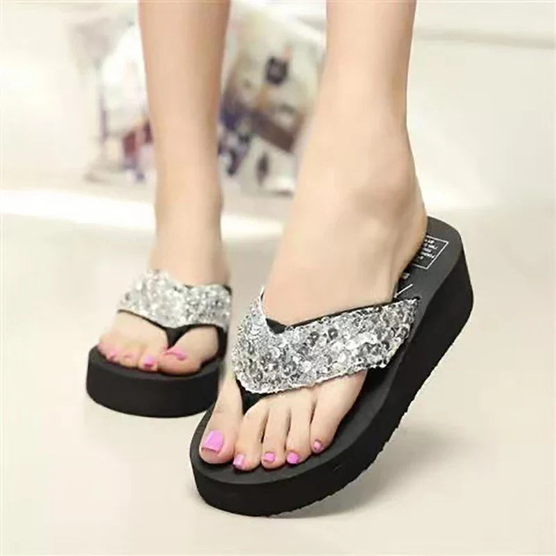 Women's Sequin Platform Flip Flops – Beach Thong Sandals
