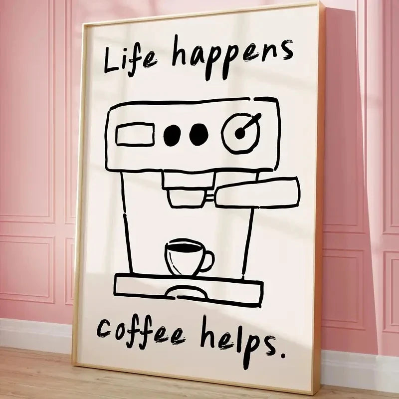 "Life Happens Coffee Helps" Funny Coffee Canvas Wall Art