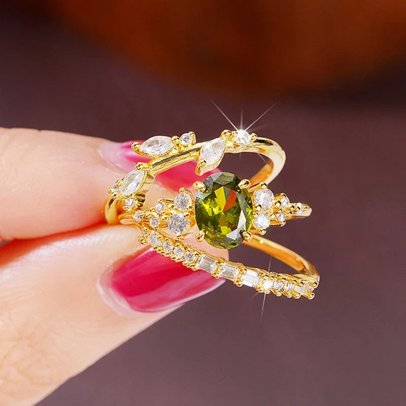 Huitan 3-Piece Olive Green CZ Gold Bridal Ring Set for Women