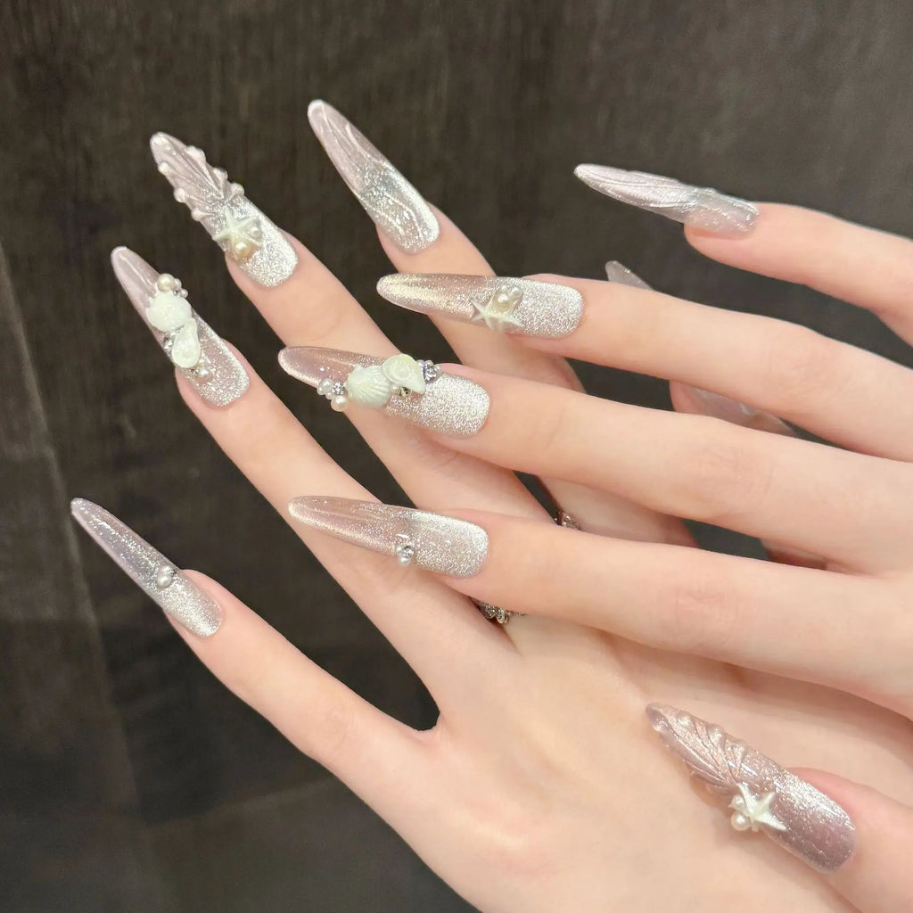 Handmade Long Oval Press On Nails – Gradient Pink Cat Eye