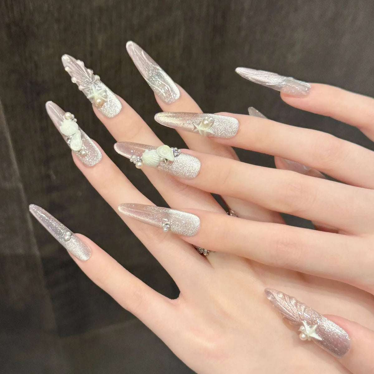 Handmade Long Oval Press On Nails – Gradient Pink Cat Eye