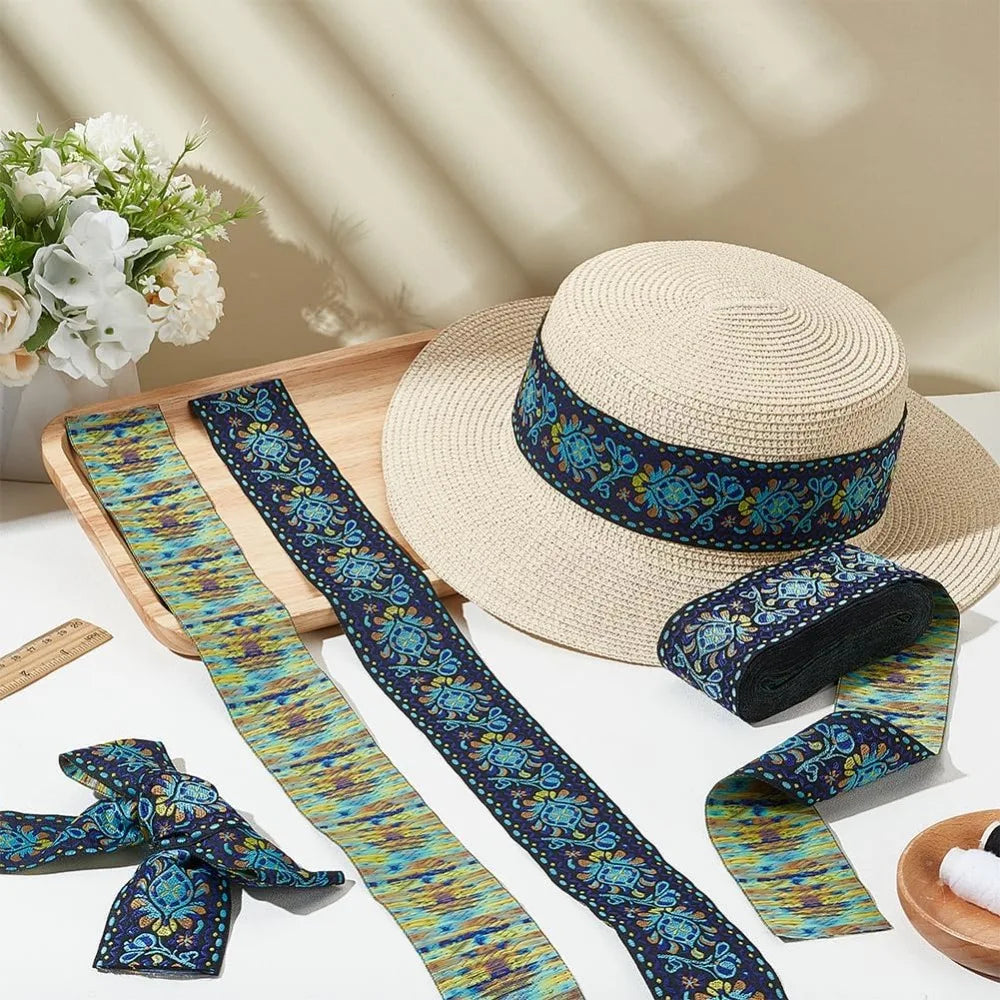 Ethnic Jacquard Flower Ribbon Sky Blue 2 inch – 10 Yards Sewing