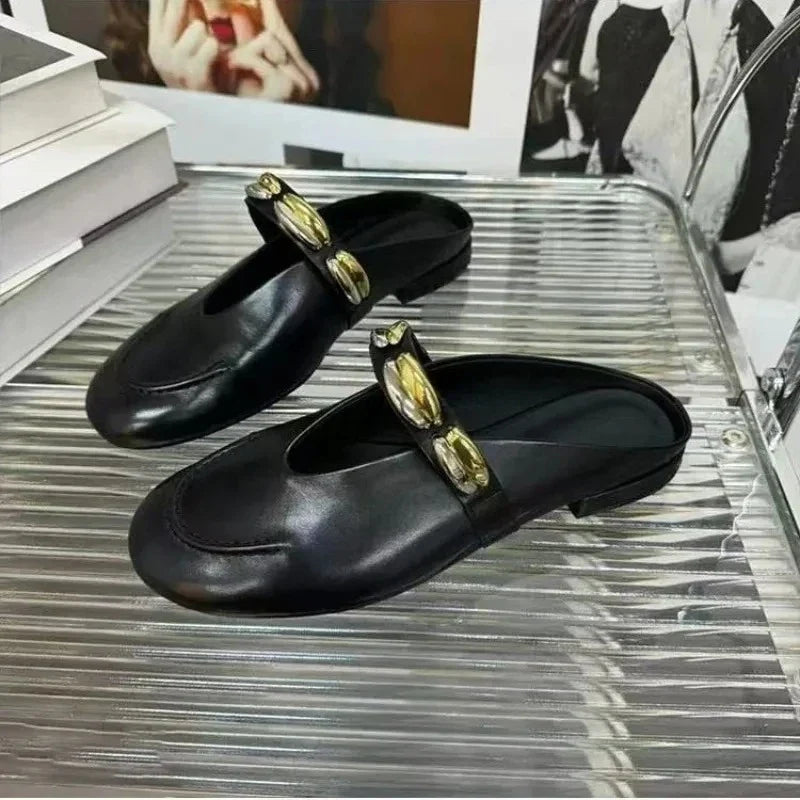 Women's Elegant Metal Buckle Flat Slippers | Summer Slides
