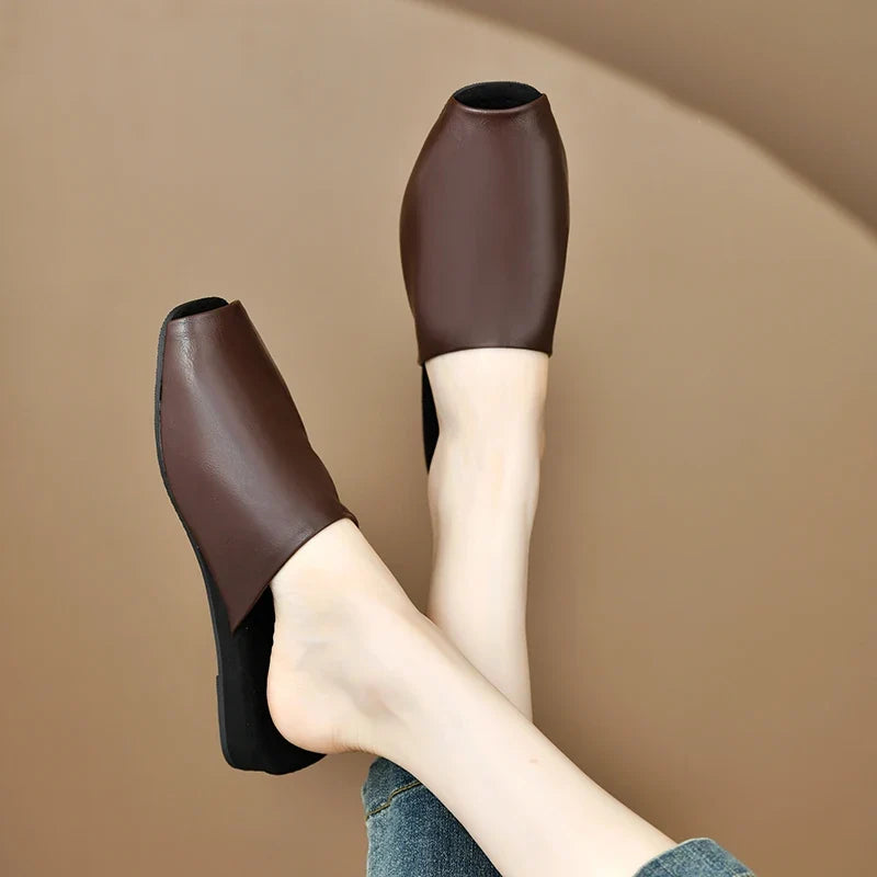 Women's Peep Toe Mule Slides – Faux Leather Low Heel Sandals