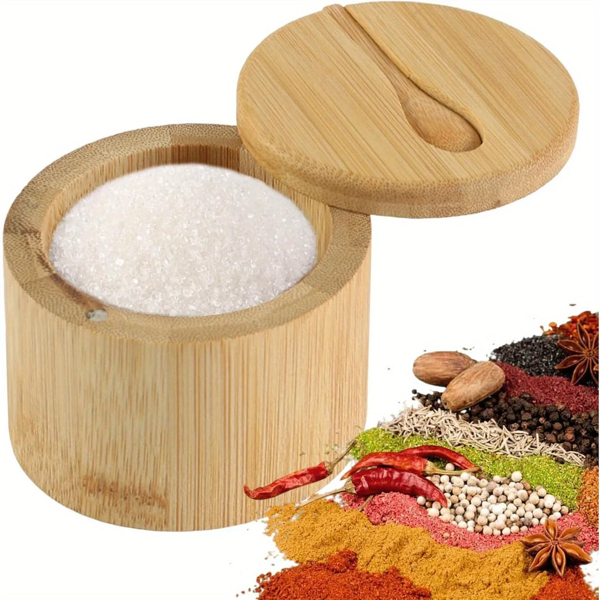 Bamboo Seasoning Container Magnetic Twist-top Lid Spoon Ideal Storing