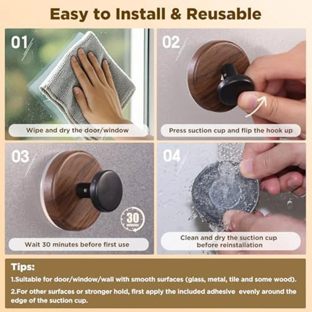 LEENKEA 2-Pack Wooden Suction Cup Hooks | No-Drill Wall Hooks