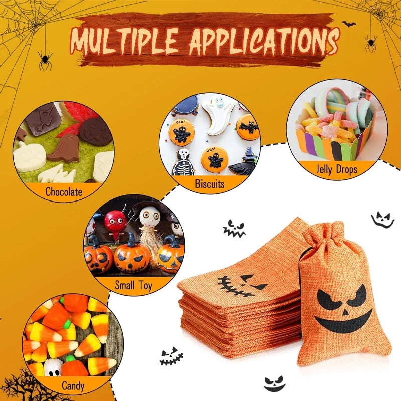 16-Pack Halloween Pumpkin Burlap Drawstring Candy Bags