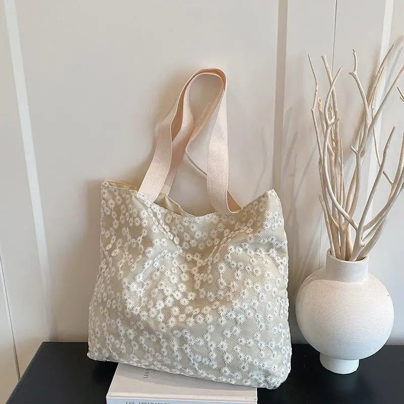 Women's Floral Embroidered Canvas Tote Bag | Large Shoulder