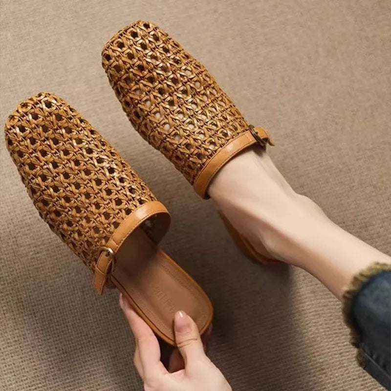 Women's Woven Square Toe Slippers – Breathable Summer Mules