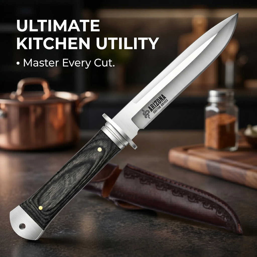 Fixed-Blade Kitchen Knife with Leather Sheath | Carbon Steel