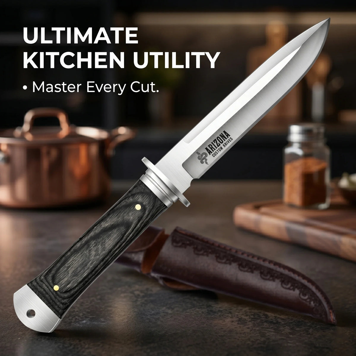 Fixed-Blade Kitchen Knife with Leather Sheath | Carbon Steel