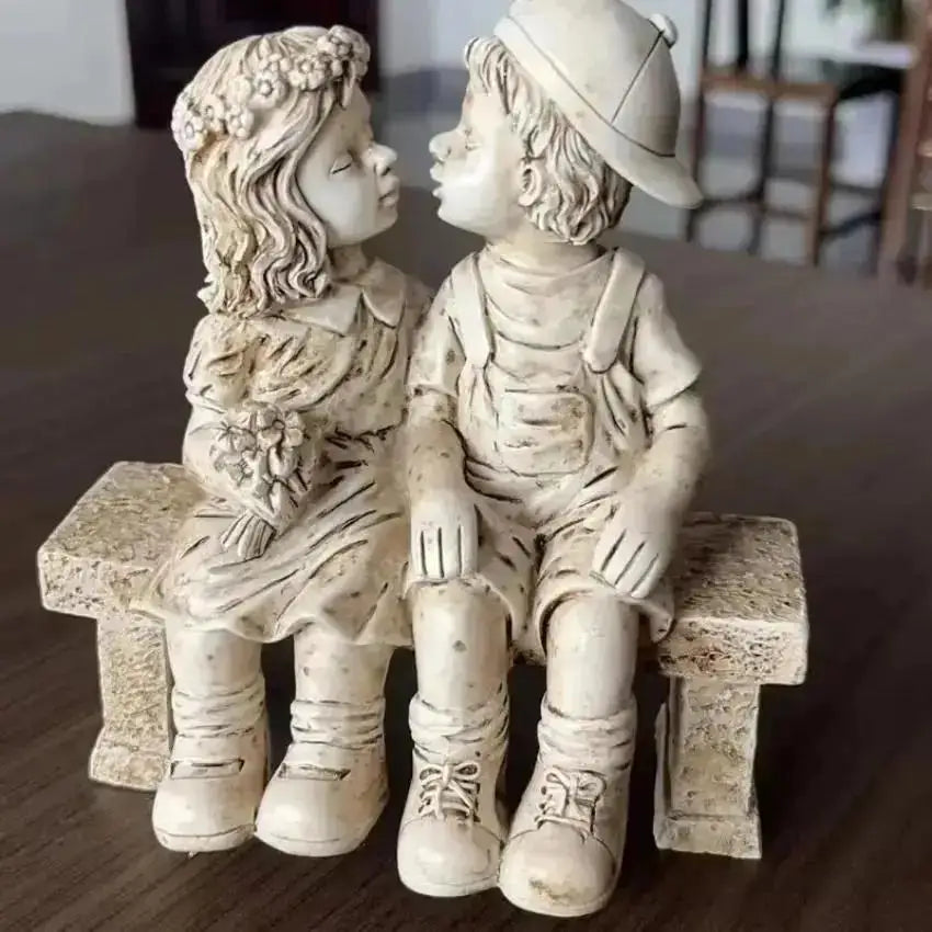Kids on Bench Kissing Figurine | Resin Fairy Garden Sculpture