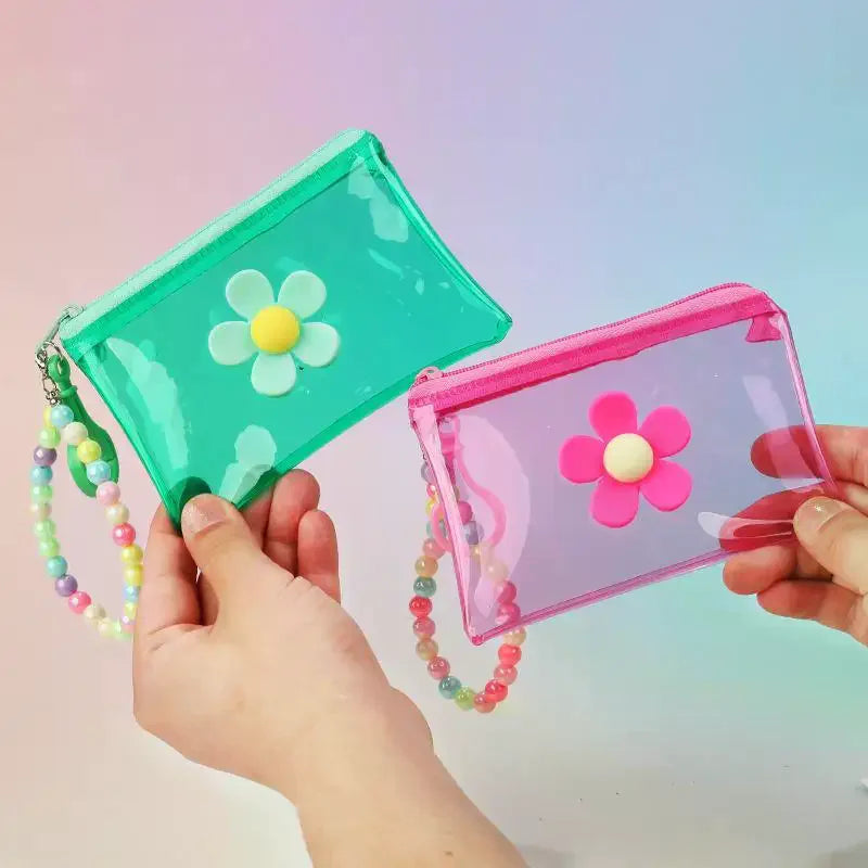 Flower Bead Chain Coin Purse – Clear PVC Zipper Mini Wallet