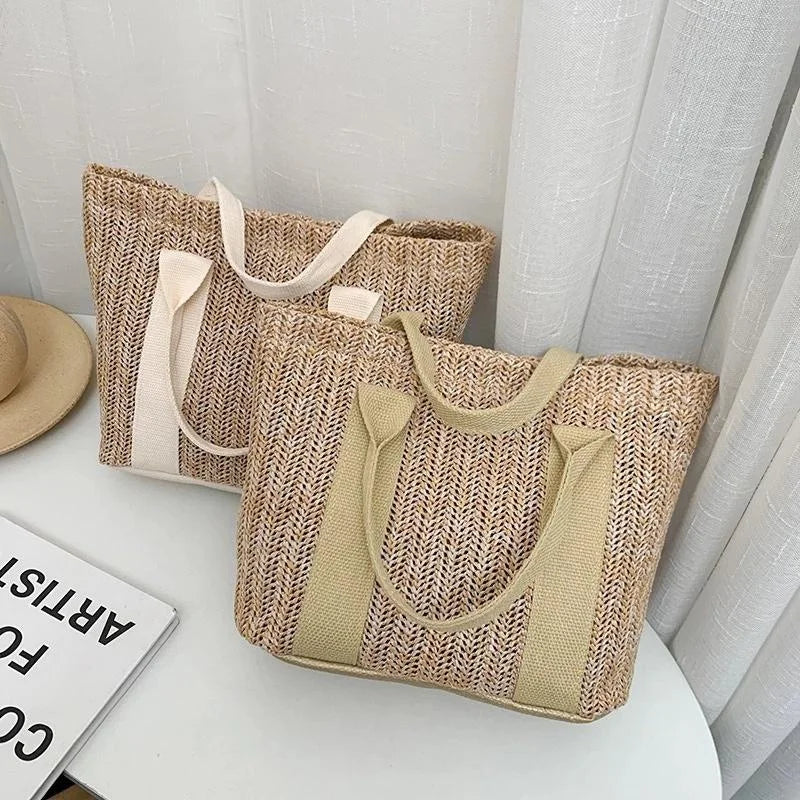 Women's Bamboo Straw Tote Bag – Color Block Zipper Handbag