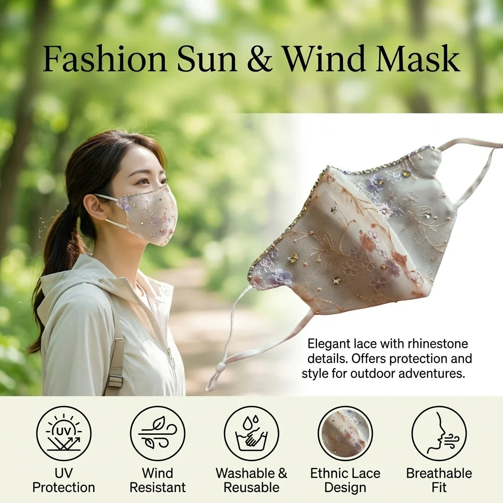 Ethnic Lace Mesh Face Mask – Embroidery Rhinestone UV & Wind Cover