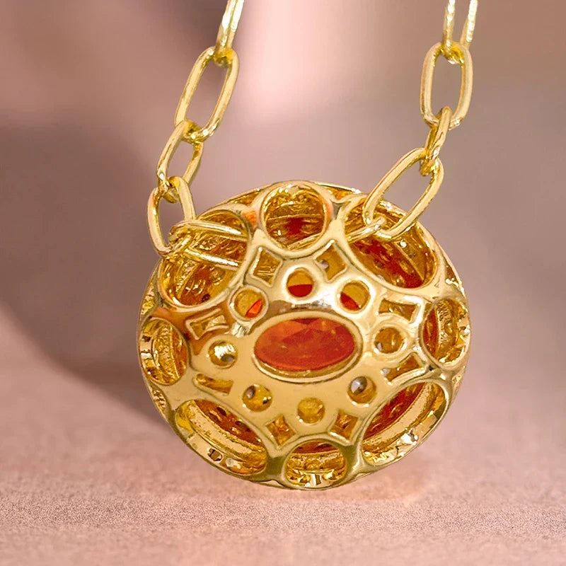 Huitan Orange Red CZ Oval Pendant Necklace | Paperclip Chain