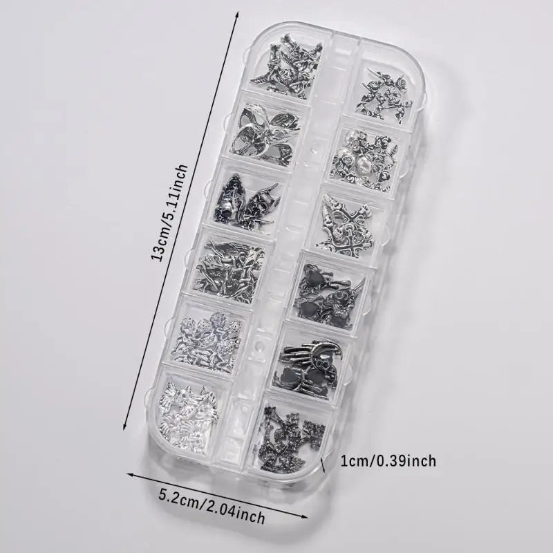 Y2K Cross & Skull Nail Art Charms – 12-Grid Metal Set