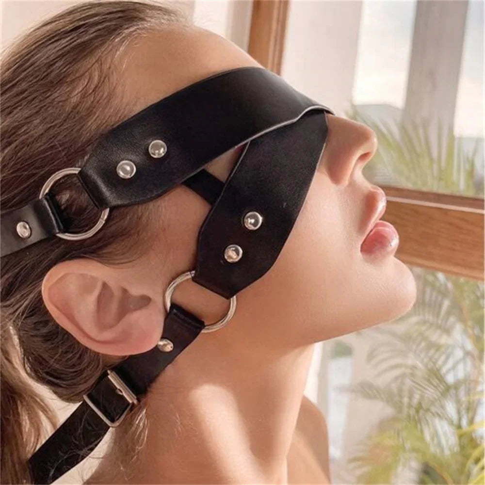 Fullyoung Sexy Mask Face Women PU Leather Goth Harness Cosplay Anime