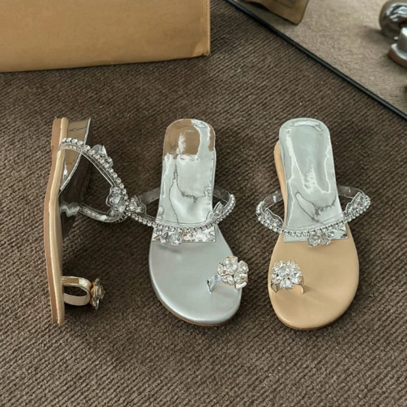 Women's Rhinestone Bohemian Clip Toe Beach Sandals | Low Heel