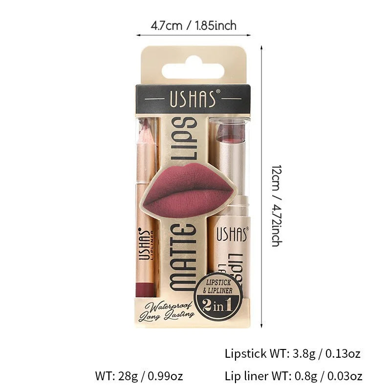USHAS 12-Color Matte Lipstick & Lip Liner Set – Waterproof