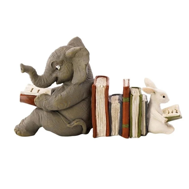 Elephant & Rabbit Reading Bookend – Resin Animal Statue Decor